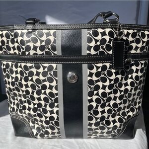 Coach Black and Cream Signature Canvas Tote with Center Stripe, zipper.